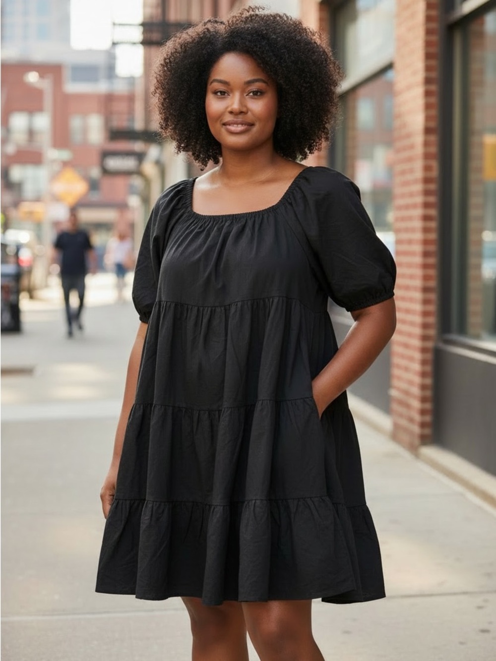 a.n.a Black Tiered Puff-Sleeve Mini Dress